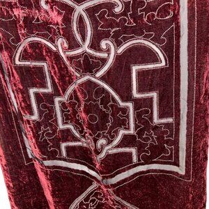 Burgundy red Burnout Devore Velvet Fringe trim geometric pattern scarf s…